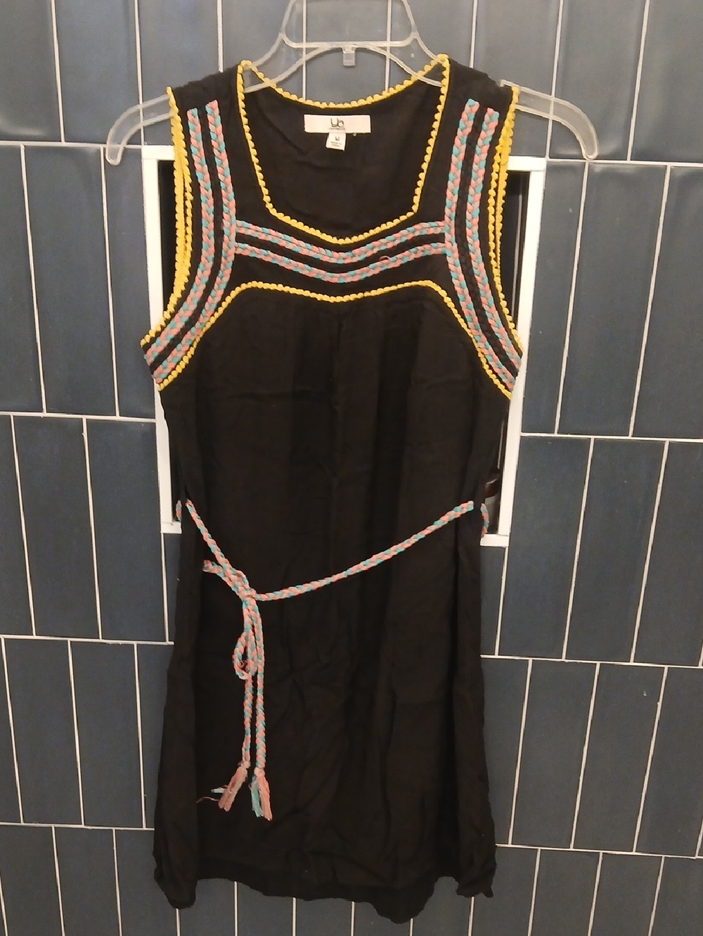 Ya Los Angeles Black Mini Dress with Yellow Trim and Multicolor Braid
